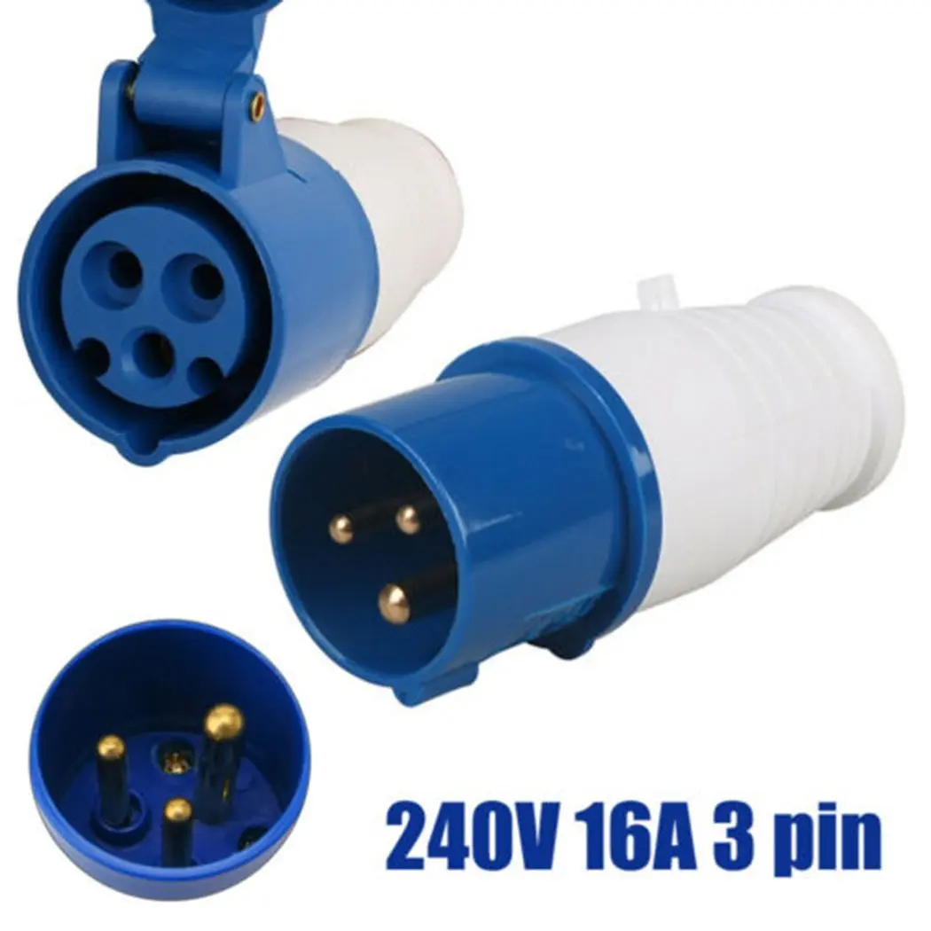 Công nghiệp và ổ cắm màu xanh lam, 3 chân, 240V, 16A, Nam / Nữ, IP44, 2P + EARTH