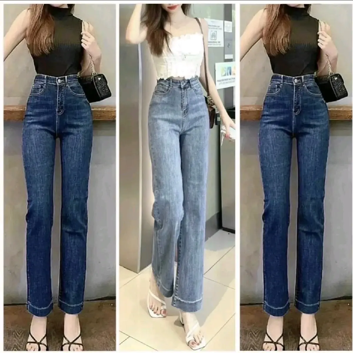 Quần jean nữ ống đứng lai to ) mẫu trơn chất jeans co giãn thoải mái Fom 40_57kg mặc vừa(e có thêm màu xanh đậm nha các chị)