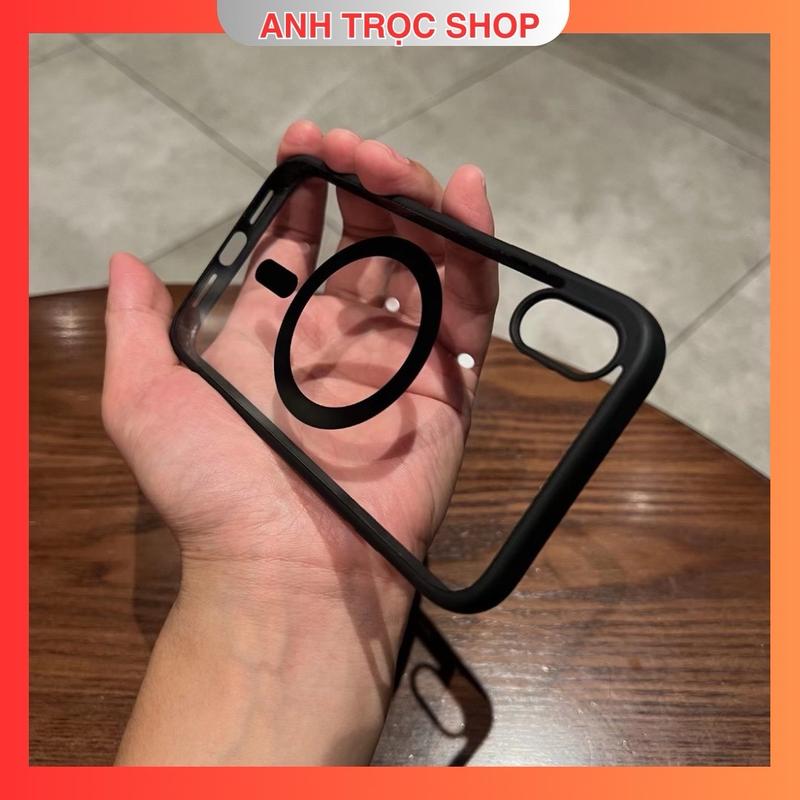 [ Tặng Kính CNT] Ốp Magsafe Viền Đen Lưng Meka Trong, Viền Silicon TPU Chống Ố Vàng Dành Cho Iphone