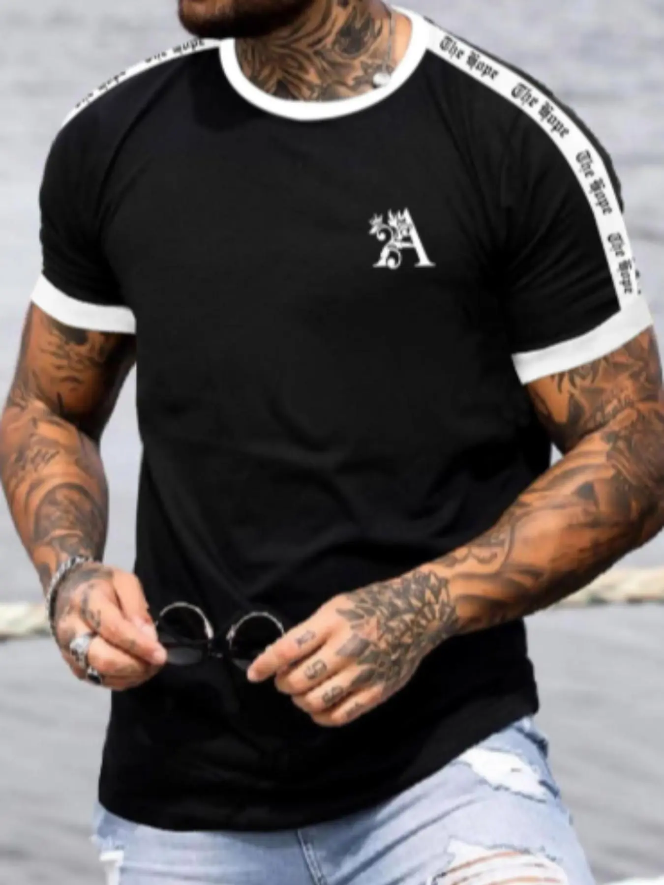 Men's Contrast Trim Letter Print  Short Sleeve Tee,  Regular Fit  Casual Comfy Round Neck T-shirt for Summer, Fashion Men's Top for Daily Wear