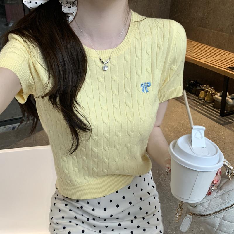 Product Introduction of New Style Braided Embroidered Short Sleeve Knitted Top for Women Korean Style Slimming Short Top 15