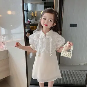 [KIDSFASHIONKOLEKSI] 1060 Gaun Pesta Cheonsam Anak Perempuan Motif Shimmer Cream Collar Mute
