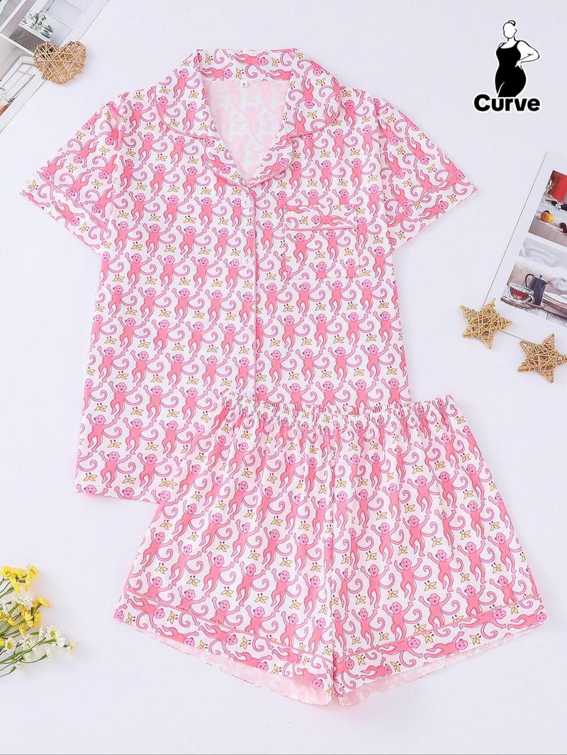 Product Introduction of 【Plus Size】 Two-piece Set Pumpkin & Skull Print Lapel Neck Pocket Shirt & Elastic Waist Shorts Pyjama Set, Halloween Casual Comfy Short Sleeve Button Up Top & Shorts Pj Set, Halloween Pajamas, Christmas Pajamas, Pyjamas for Women 1