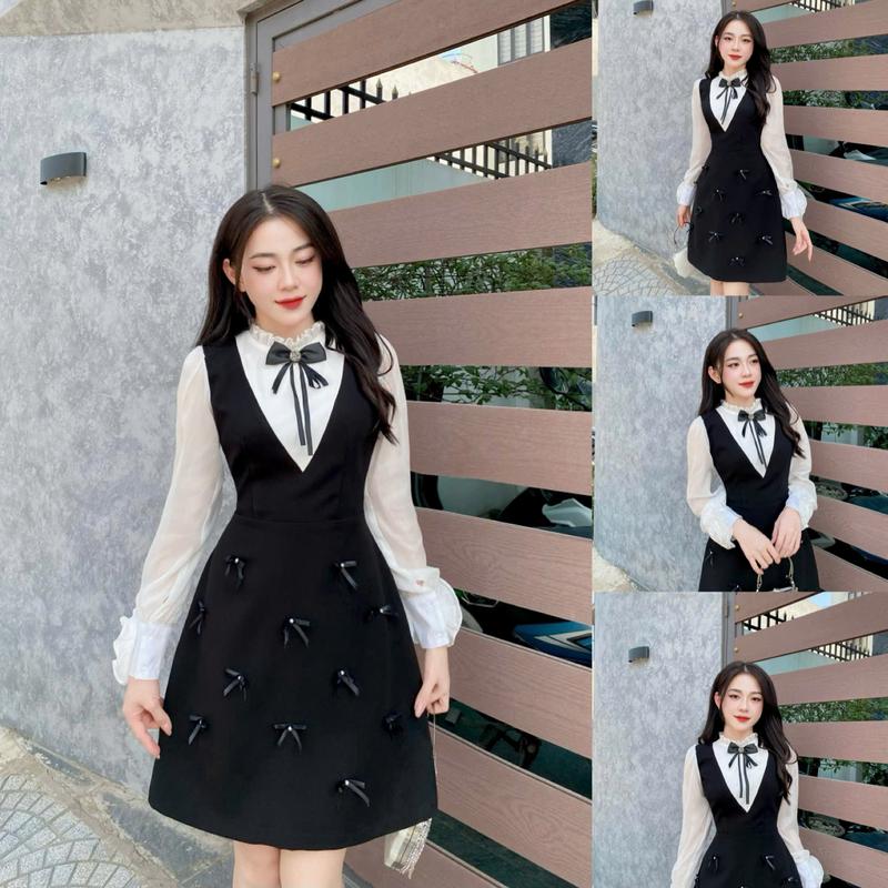 Váy Thiết Kế Evii TK61 dành cho nữ Đầm thiết kế cổ tròn bèo phối tơ dài tay hoa tiểu thư (tặng kèm tag cài) chân váy đính nơ ngọc dáng A ngắn phù hợp đi làm đi chơi và đi dự tiệc Có Bigsize Women Dress