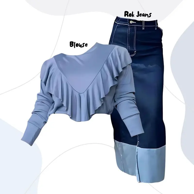 One Set 3in1 Blouse Rok Jeans Pashmina Jersey | outfit kantor ootd hangout simpel KR29 2
