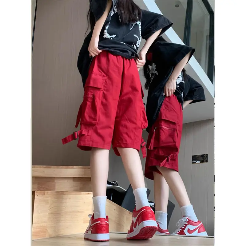 Quần Cropped Xén, Phong Cách Bảo Hộ Lao Động Mỹ, Mỏng Mùa Hè, Quần Đùi Lớn Màu Đỏ Cho Nữ, Thường Ngày Và Rộng Rãi, Thương Hiệu Thời Trang Trên Đầu Gối, Quần Cropped