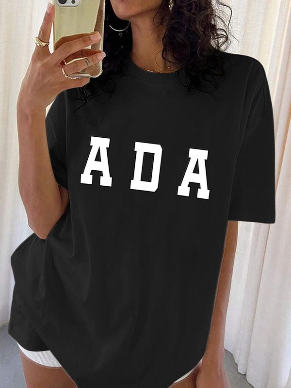 Women's Letter Print Round Neck Tee, Vintage Trendy Casual Short Sleeve T-shirt for Daily Wear, Ladies Summer Outfit, Top, Graphic Tees 2