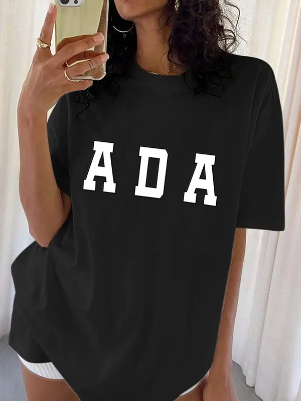 Women's Letter Print Round Neck Tee, Vintage Trendy Casual Short Sleeve T-shirt for Daily Wear, Ladies Summer Outfit, Top, Graphic Tees, Womenswear 2