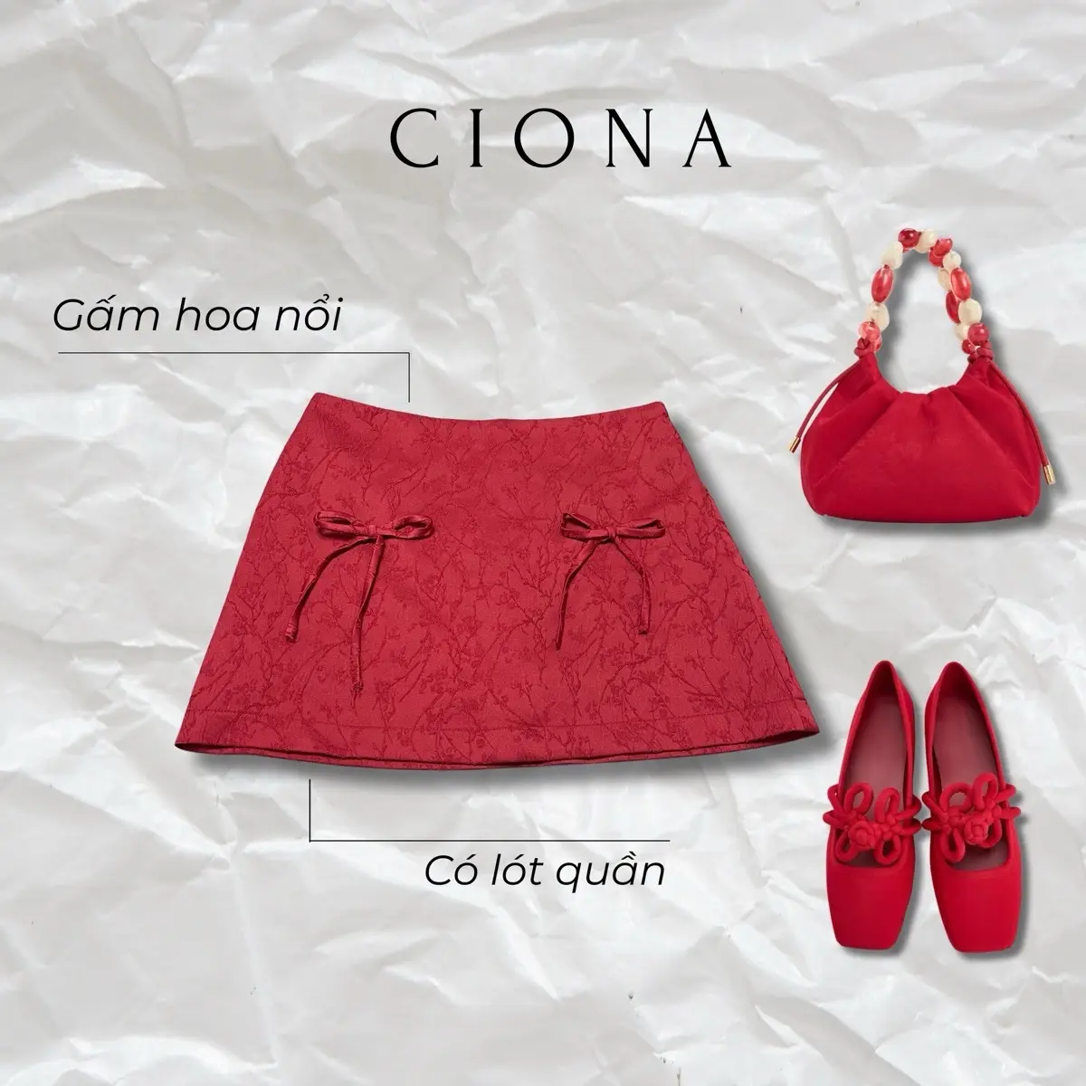 Ciona - chân váy Gấm hoa đỏ ánh cam nhạt - COA012 Nữ women chân váy đỏ