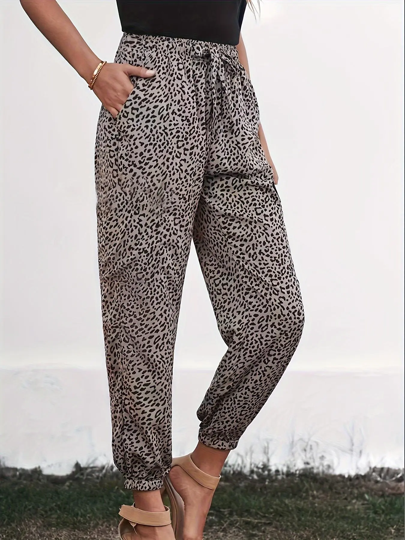 Women's Leopard Print Drawstring Waist Jogger Pants, Casual Pocket High Waist Trousers For Spring & Fall, Fashion Women's Bottoms For Daily Wear