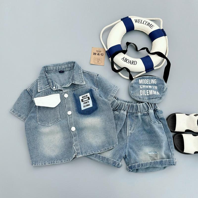 M7+9 Bộ quần áo sơ mi jean bò phối túi chất jean mềm mại gồm áo, quần và túi cho bé trai size 9-28kg, quần áo trẻ em
