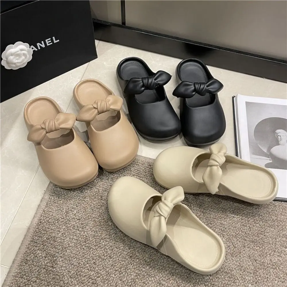 Simple PVC Women Slippers Wrap Head Sweet Bow Sandal Anti-slip Half Drag Shoes Indoor/Outdoor