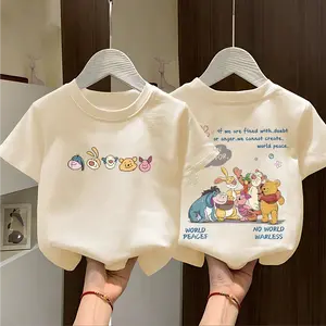 (COD) Kaos katun musim panas untuk anak perempuan leher bulat lengan pendek longgar, pola kartun lucu, ringkas, cocok untuk tinggi 90-150 cm dan usia 3-14 tahun