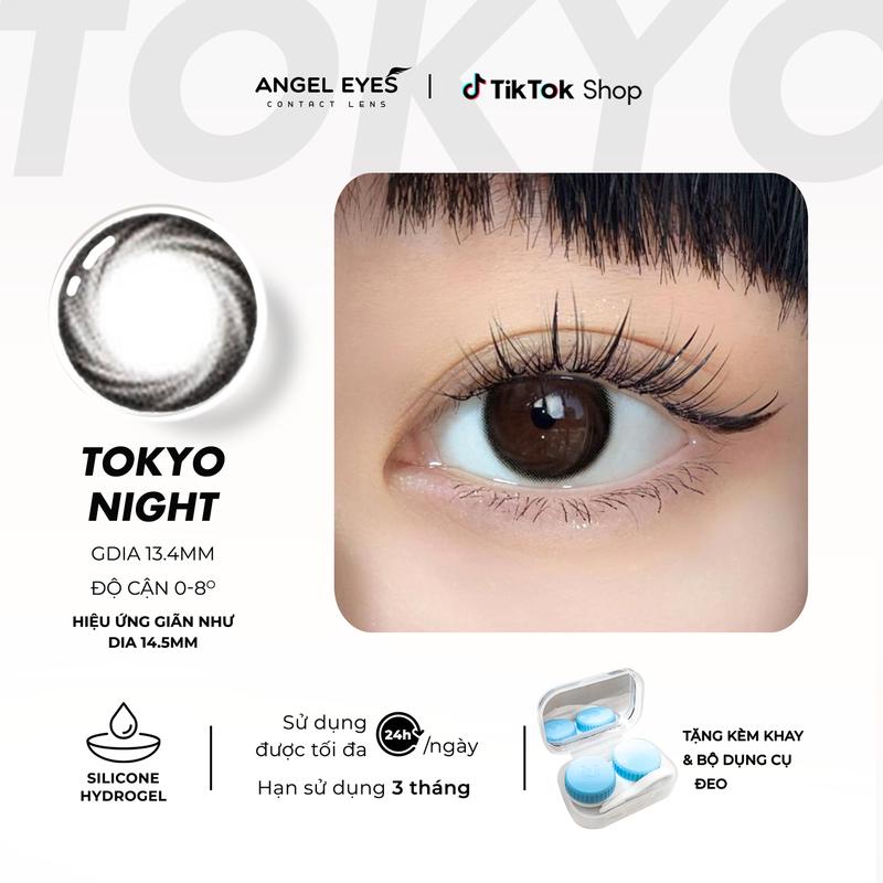 Lens đen giãn tròng có độ 0-8 Tokyo Night nhãn hiệu Angel Eyes, kính áp tròng đen tự nhiên giãn tròng 14.5 thích hợp đi học đi làm