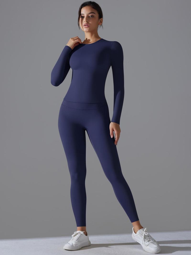 Product Introduction of Women's Solid Long Sleeve Tee & Leggings Sports Set, Sporty Casual Comfy Breathable Two-piece Outfits for Yoga Gym Workout Running Fitness, Ladies Sportswear for All Seasons, High Stretch Tracksuit 3