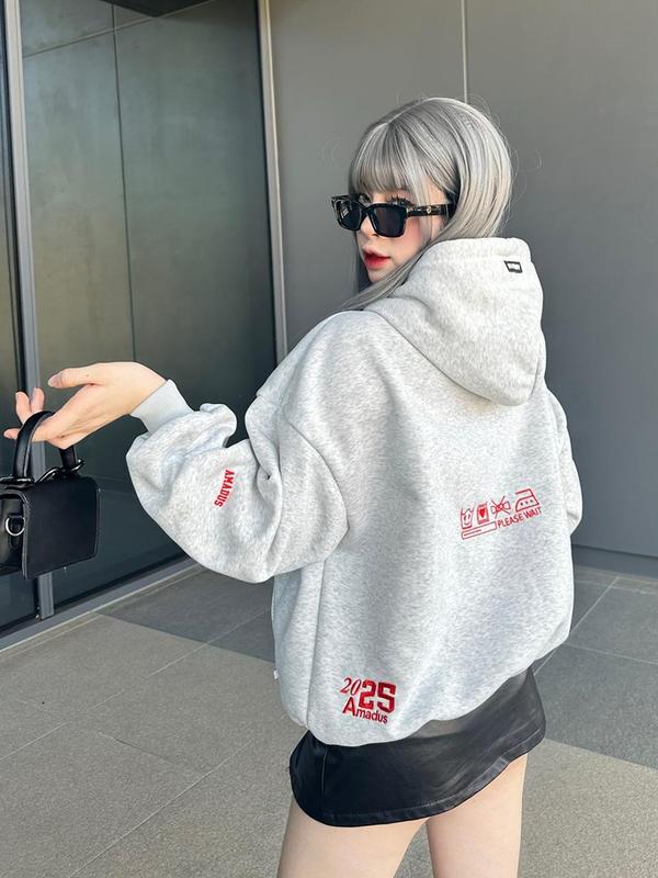 Hoodie Zip Boxy Thêu Đắp Amadus Nỉ Bông Unisex Nam Nữ Tay Phồng 2025