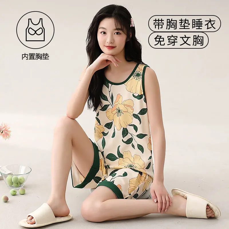 Women's summer vest sleeveless set with chest cushion pajamas for students, Korean version, simple spring and summer, suitable for outdoor home wear