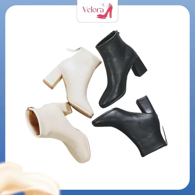 BỐT CỔ NGẮN ĐẾ CAO 7 CM CÓ KHÓA KÉO ĐẰNG SAU Ngang bắp chân Nhung Shoes Nữ Cổ Cao GiàY Boot Jean giày cao gót lười giày thể giay bot