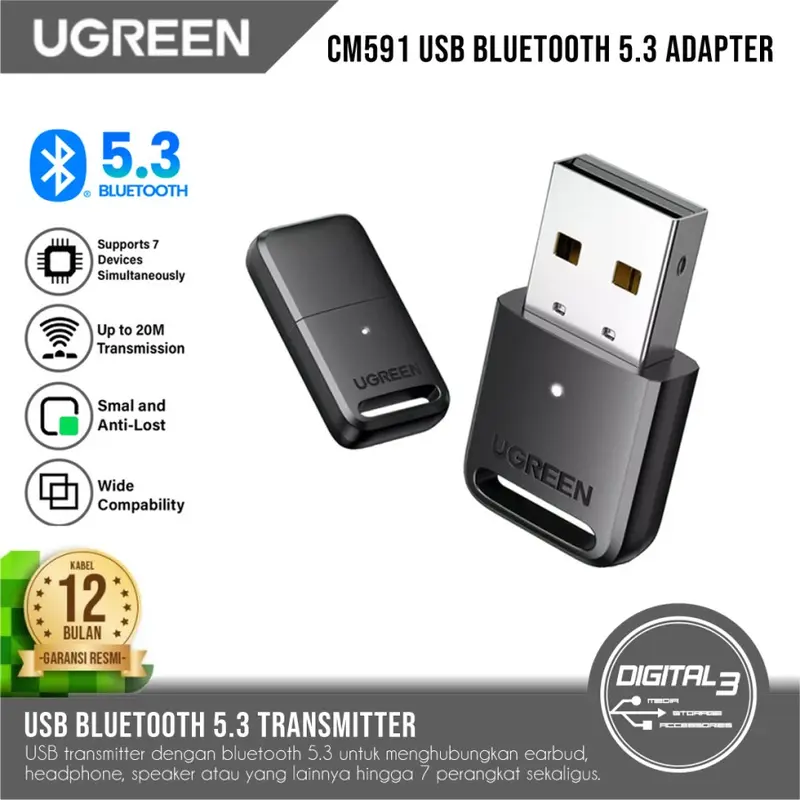 Ugreen CM591 USB 5.3 Bluetooth Adapter Dongle Transmitter Windows PC 0
