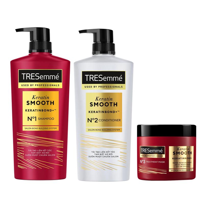   2  Combo Dầu Gội Dầu Xả Kem Ủ TRESemmé Keratin Smooth Cho tóc khô xơ rối Công thức Hydrolyzed Keratin Dưỡng Tóc Vào Nếp Suôn Mượt 640g 620g 180ml 