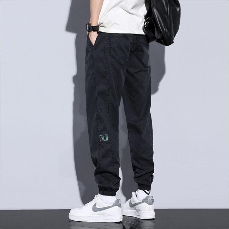 Quần Jean jogger nam màu đen logo thêu canhj bó gấu lưng chun 11 Có Túi Cotton Pants Menswear