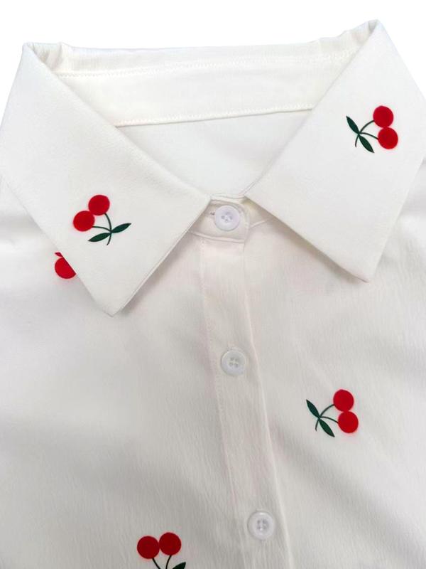 Women's Cherry Print Button Front Shirt, Casual Short Sleeve Top for Summer, Ladies Clothes for Daily Wear 2