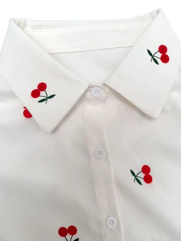Women's Cherry Print Button Front Shirt, Casual Short Sleeve Top for Summer, Ladies Clothes for Daily Wear 2
