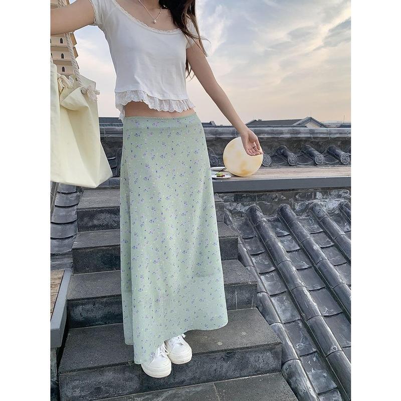 Chân Váy Hoa Dài Trung Bình Cạp Cao Dành Cho Nữ, Dễ Phối Đồ, Chân Váy Voan Lót, Có Cỡ S-2XL Women Khuy 3