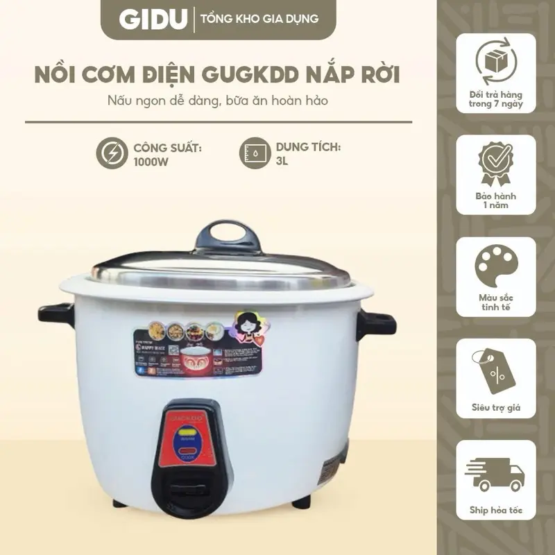 Nấu cơm , nấu canh và các món ăn rất tiện lợi . 3L , 1000W , nắp rời tiện lợi 8