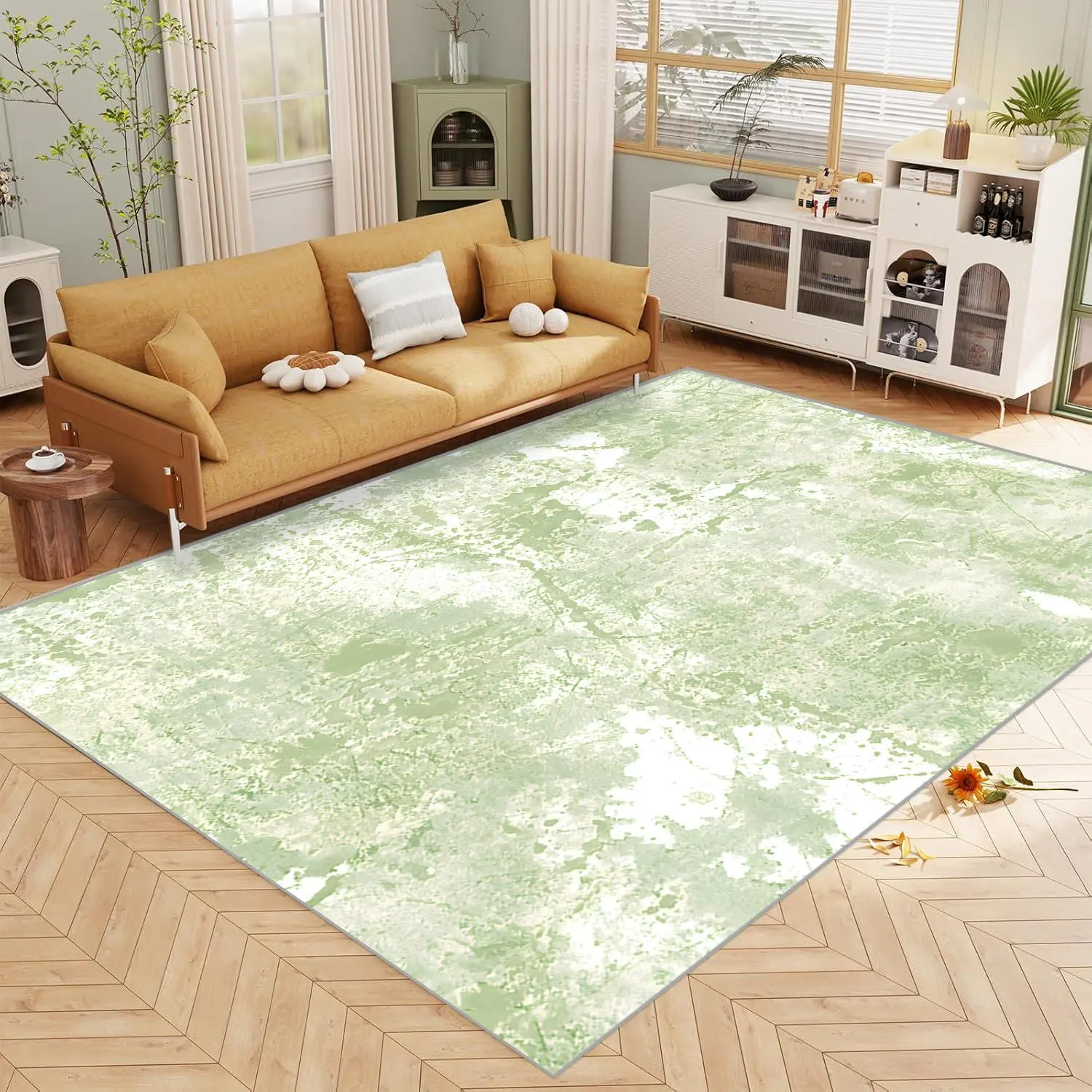Green Leaf Pattern Rectangular Carpet, 1 Count Non-slip Soft Floor Mat, Decorative Area Rug for Home Living Room Bedroom Hotel Dormitory