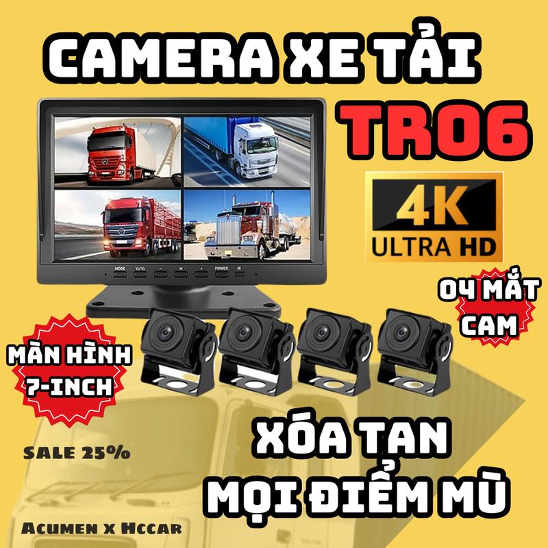 Camera hành trình xe tải Tr06, 4 mắt 360 độ cho xe tải ,mắt camera chống nước , xi nhan bên nào hiển thị bên bên đó , lùi xe có vạch kẻ , màn hình 7 inch, chất lượng 4 mắt camera 4k camera  hành dashcam