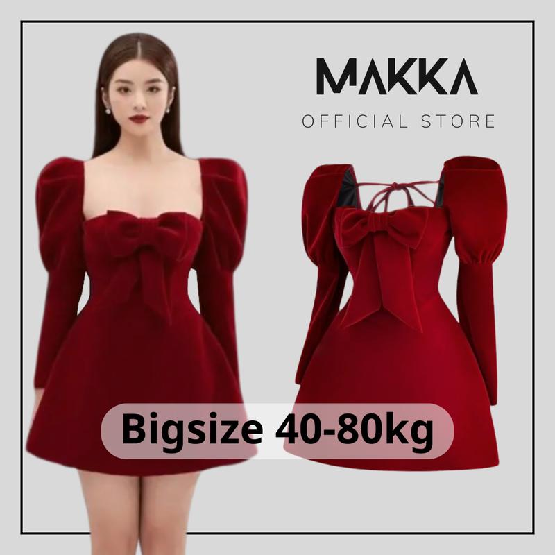 Đầm nữ bigsize MAKKA váy nhung đỏ dài tay dáng xòe thiết kế tay bồng phối nơ 5516 Women Dress Màu Đỏ