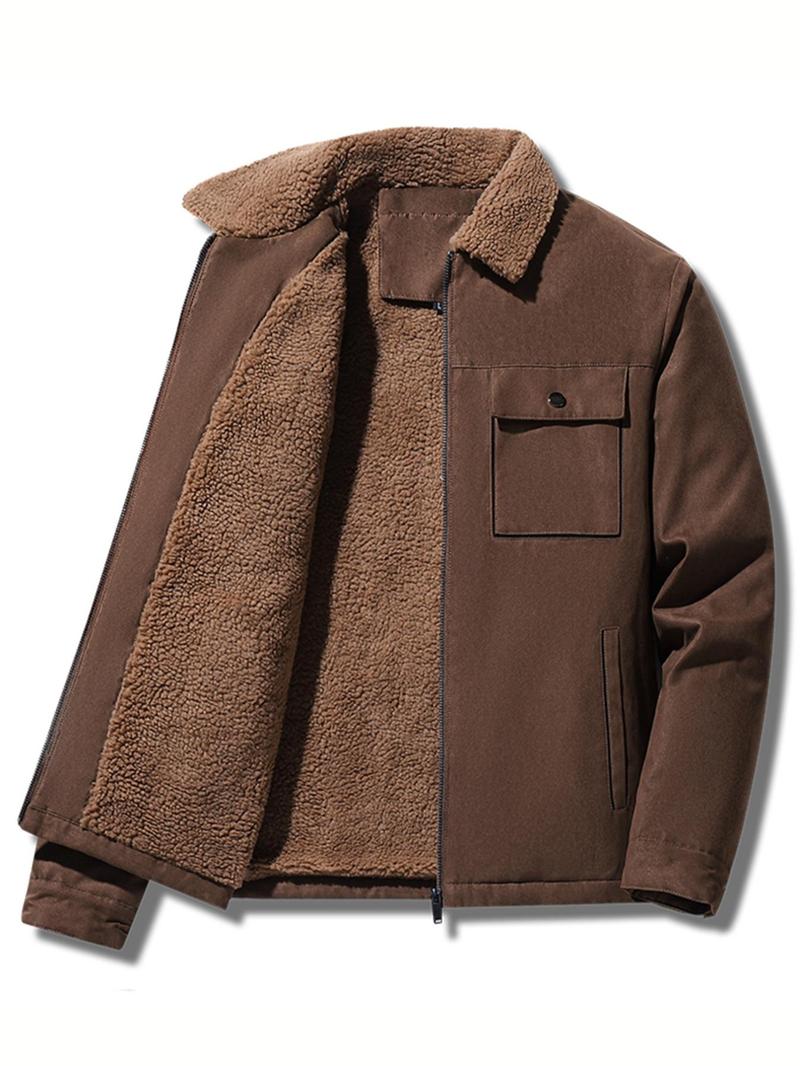 Product Introduction of Men's Regular Fit Solid Pocket Zipper Thermal Lined Jacket, Casual Long Sleeve Collared Outerwear for Fall & Winter, Men's Clothes for Daily Wear 3