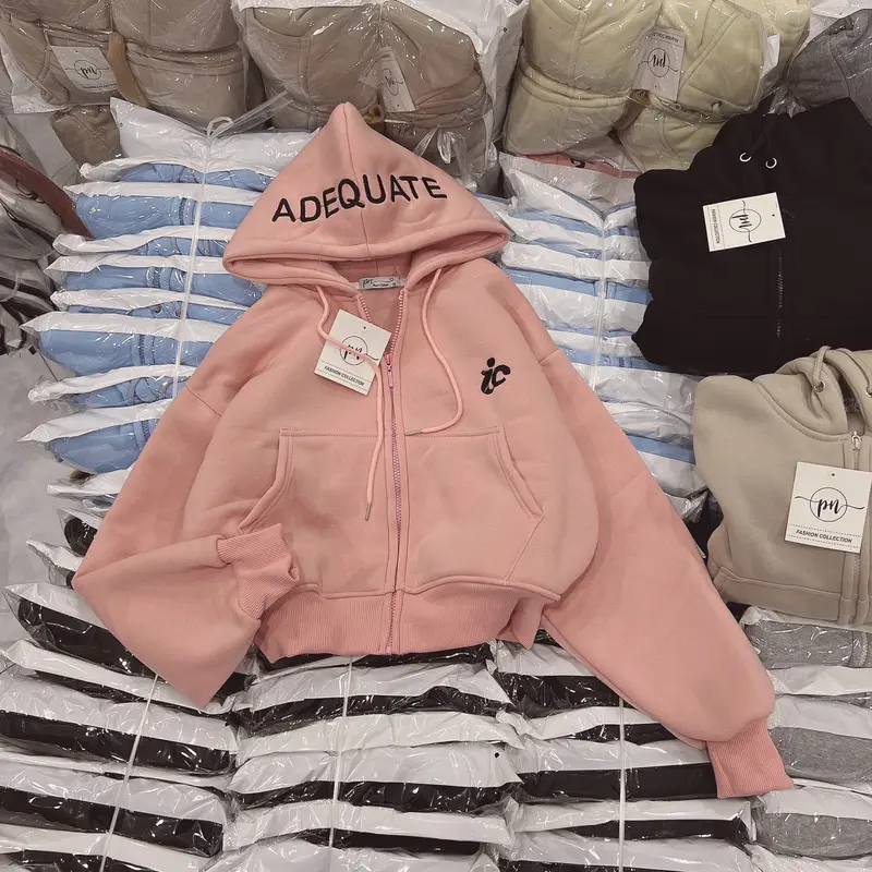 Áo Khoác Hoodie Croptop Phối 4 Túi Dáng Lửng Nỉ Dáng Rộng Tay Bồng Thêu Chữ IC Nữ Women 4