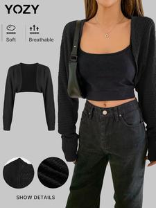 YOZY Women's Solid Color Raglan Sleeve Open Front Crop Cardigan, Casual Long Sleeve Cropped Knitwear for Daily Wear, Ladies Clothes for All Seasons