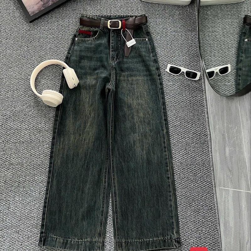 | S005 |- Quần Jean suông 9 tấc nữ TRơn Xanh Dơ Đai Đỏ Dáng 9 Tấc 95cm ngang ống 25 cm Không Co Giãn Women Voi