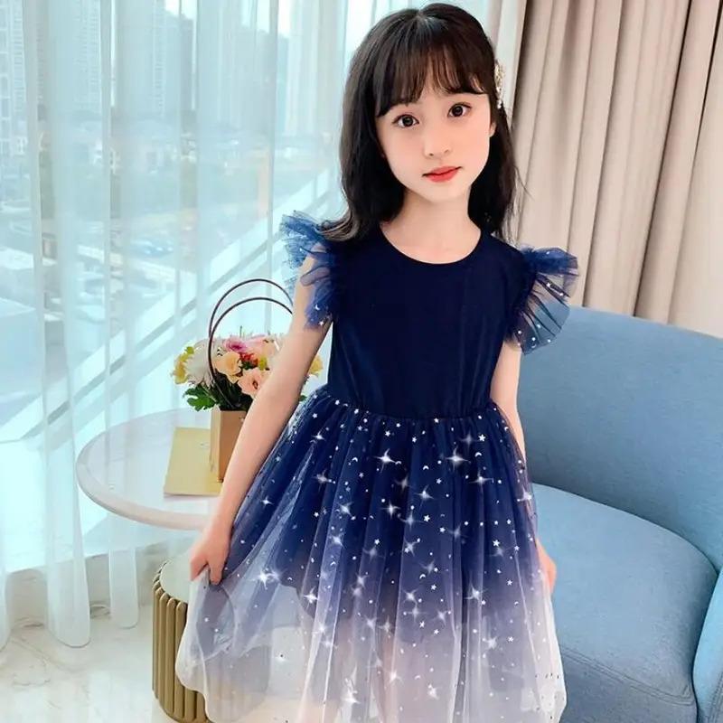 Girls Starry Sky Gradient Princess Dress Summer Sleeveless Fashion Gauze Dress New Years Children's Birthday Party Present 1