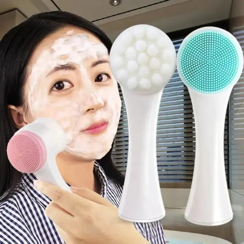 3D Bilateral Silicone Facial Cleanser Massage Manual Facial Brush Soft Bristles Silicone Double Face Brush