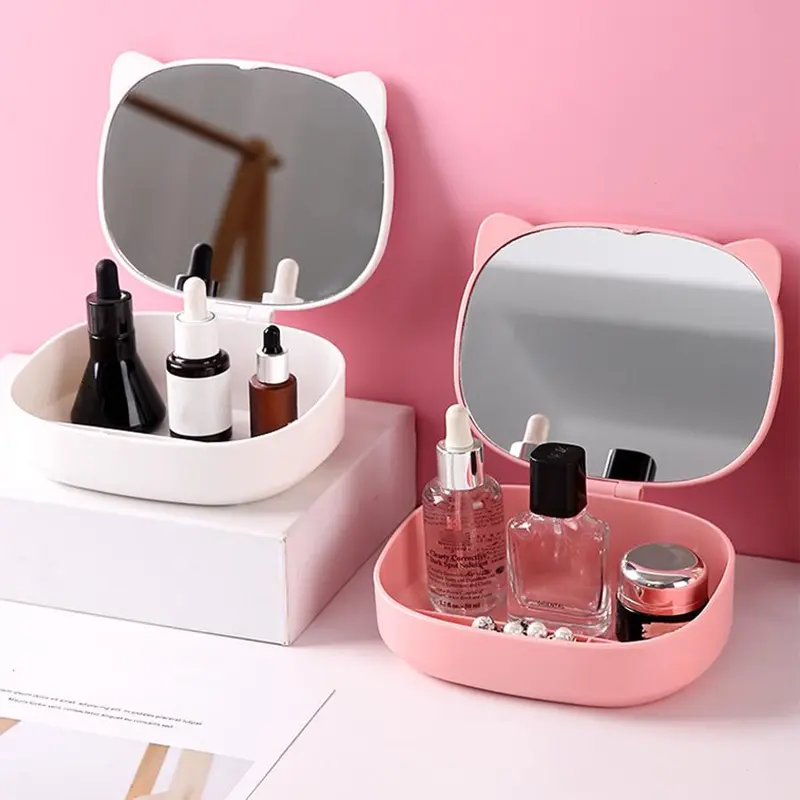 Cat Ear Design Makeup Mirror, 1 Count Foldable Desktop Makeup Mirror with Storage Box, Cute Cartoon Mirror for Women & Girls, Makeup Tool for Travel 0