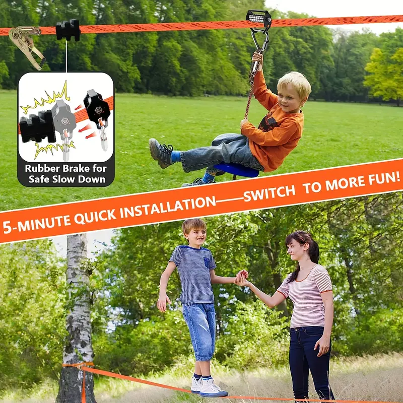 1pc Orange Polyester Zip Line Set for Kids and Adults, 50ft Soft Rope Pulley Kit for Warrior Obstacle Courses, 330lb Max Load Outdoor Backyard Adventure Equipment 1