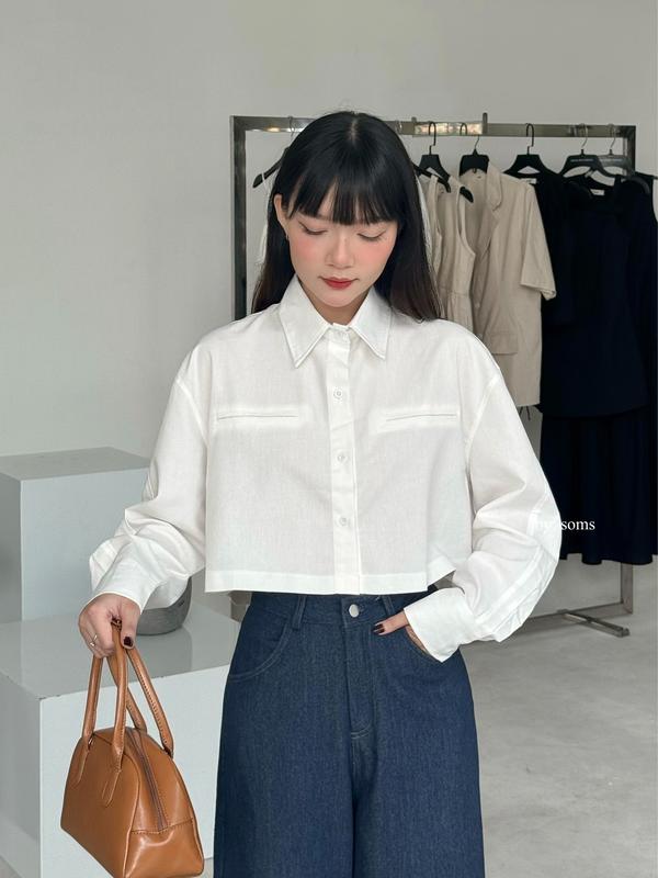 Áo sơmi croptop linen - Nữ Cổ Tròn - Linen Shirt