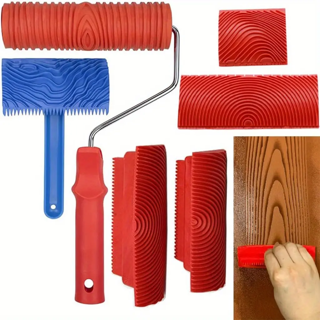 1 Set Wood Graining Tool, 7" Fake Wood Grain Roller Painting Tool With Handle, DIY Rubber Graining Tool, Paint Look Like Wood For Wall Room, Art Paint Decoration