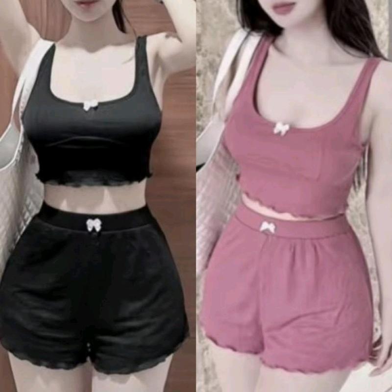 Sét bộ nữ 2 món áo dây croptop ôm body kèm quần đùi lưng thun phối nơ xinh chất vải thun gân len 4 chiều FreeSize Jean Kem