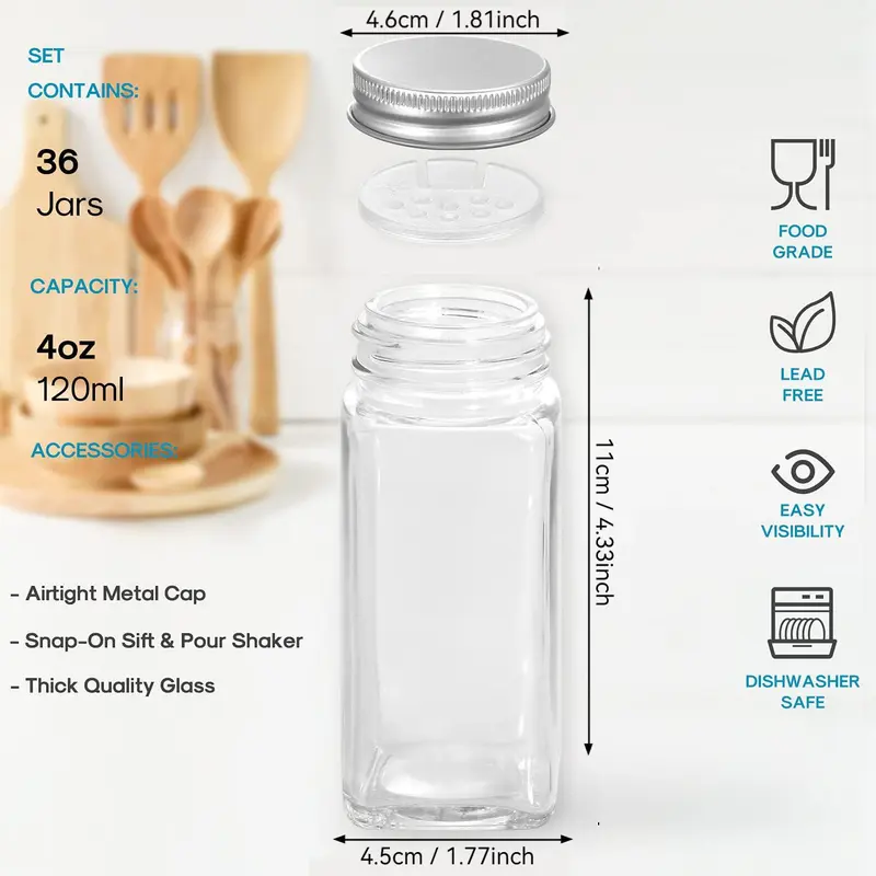 Glass Spice Jar Set, 12/24pcs Airtight Square Containers with Lids Brushes & Labels, Stylish Kitchen Storage & Father's Day Gift (120ml, Easy-pour One-hand Use) 1