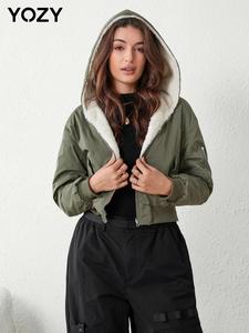 YOZY Women's Solid Zip Up Drop Shoulder Reversible Coat, Casual Long Sleeve Pocket Hooded Outerwear for Fall & Winter, Women's Clothes for Daily Wear