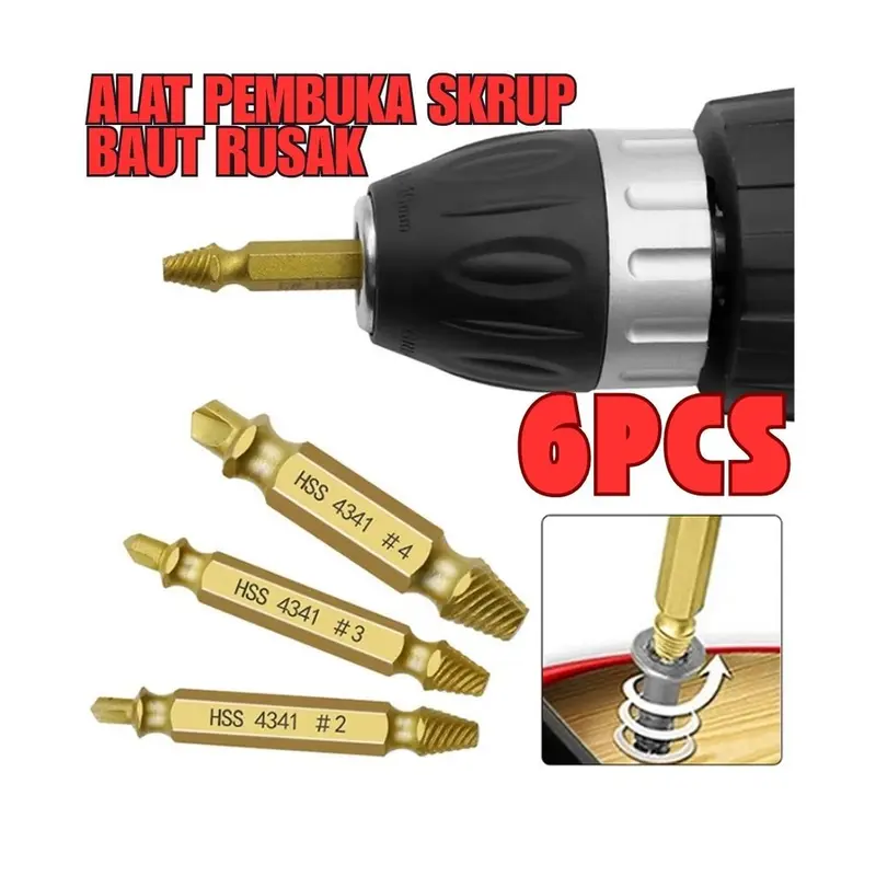 6pcs Tap Balik Screw Extractor Alat Skrup Pembuka Baut Rusak Broken Remover 4