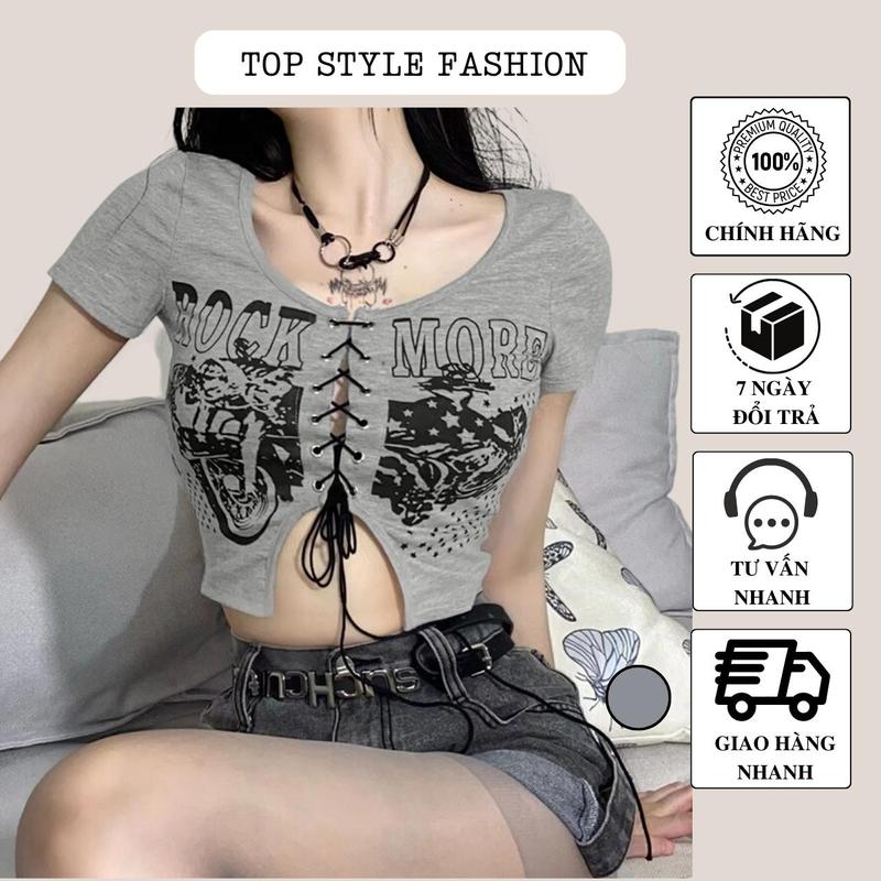Áo croptop ngắn tay cổ tròn ôm body siêu tôn dáng, áo thun nữ rút dây kèm khoét vạt gợi cảm-A147