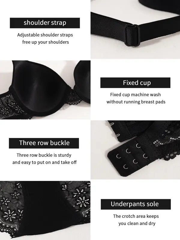 Women's Solid Adjustable Strap Lace Bra & Panty Two-Piece Set, Soft Comfy Breathable Lingerie Set for Daily Wear, Underwear Set for Women 6