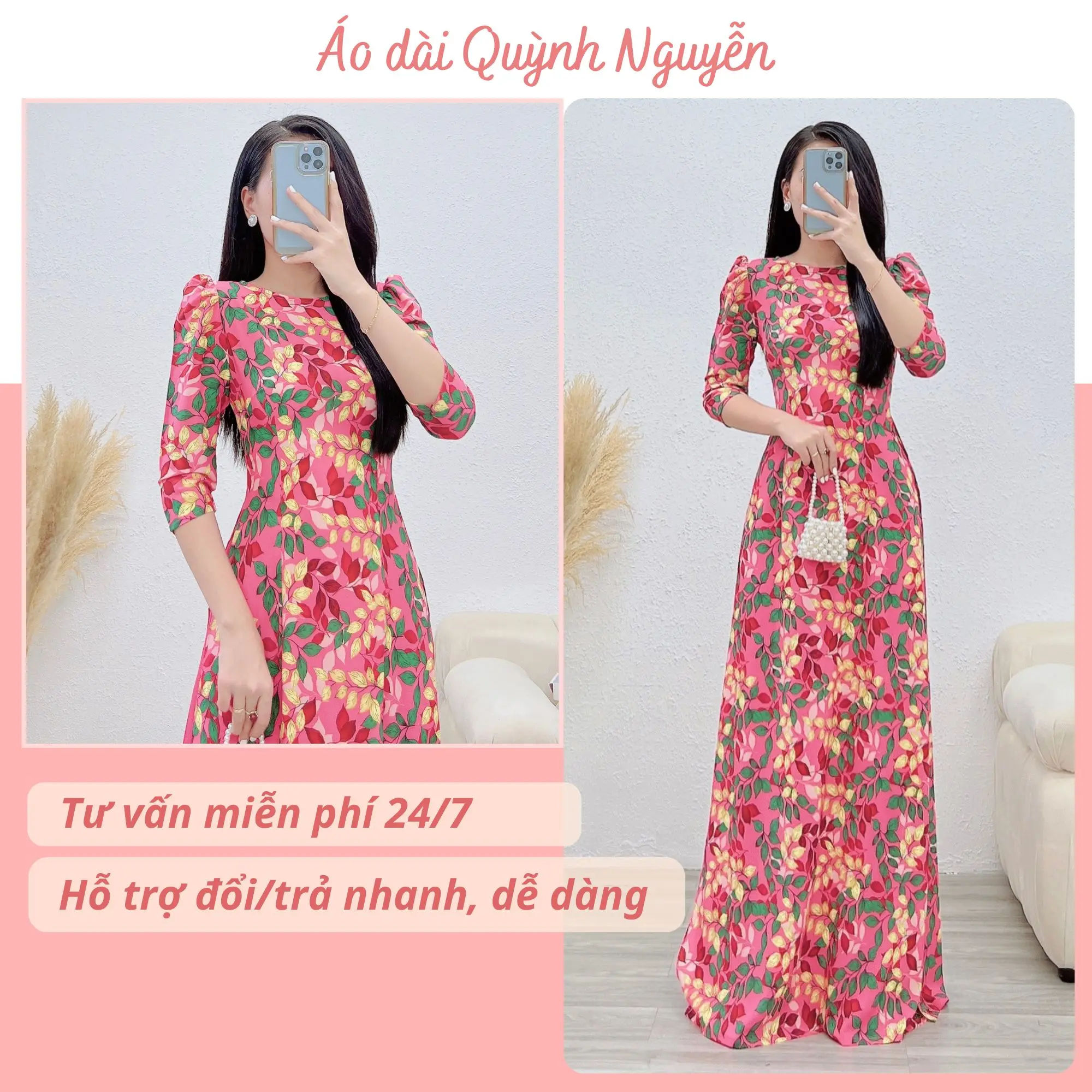 Áo dài thiết kế in 6D nền hồng Kem - MÃ N30 Nữ Women Dress