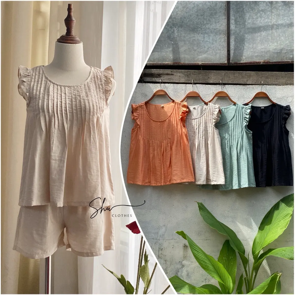 (B1) Shu clothes - Đồ Bộ Nữ mặc nhà áo xếp ly ngực tay bèo vải đũi tơ xước thoáng mát thoải mái cho 40-80kg Women Nhung Voi
